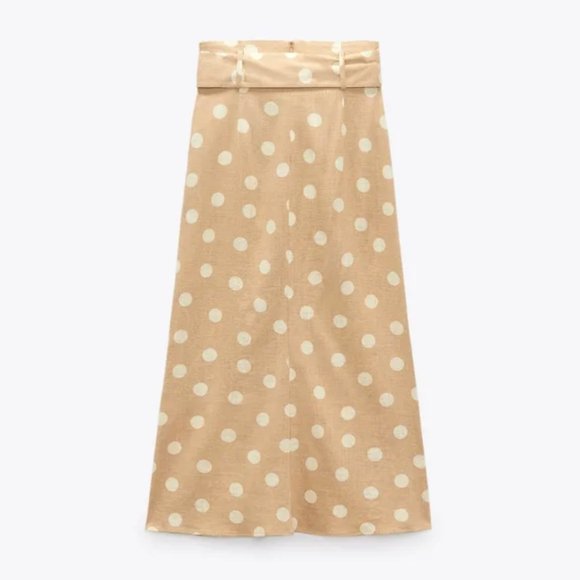 Zara Polka Dot belted linen blend midi skirt Beige XS NWT - Picture 4 of 9